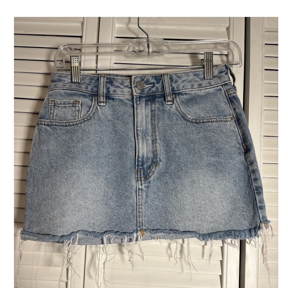 PacSun Light Wash Denim Mini Skirt Raw Hem Blue Size 23